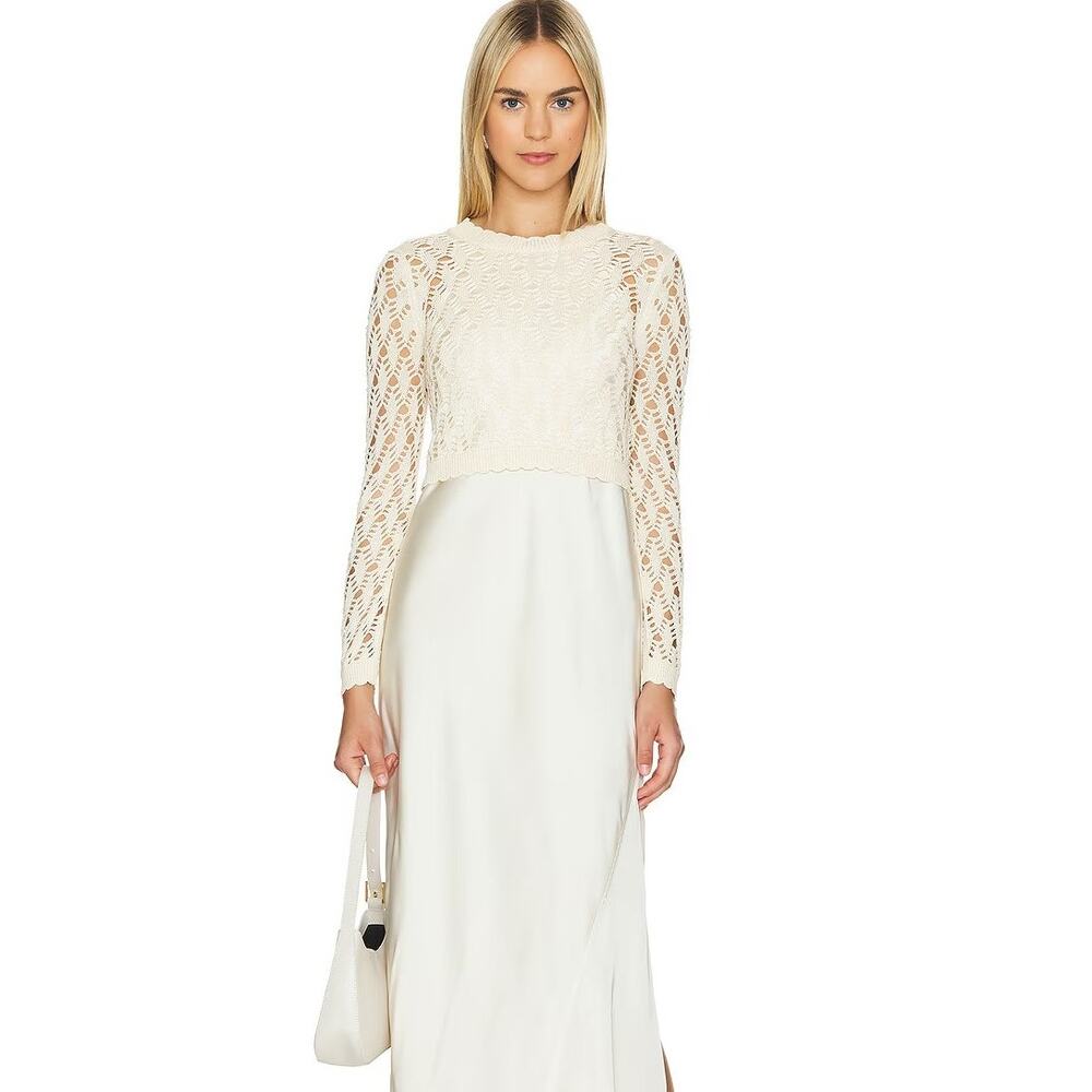 AllSaints Erin Crochet Crop Sweater Organic Cotton Boho Chic Minimalist Beige SM